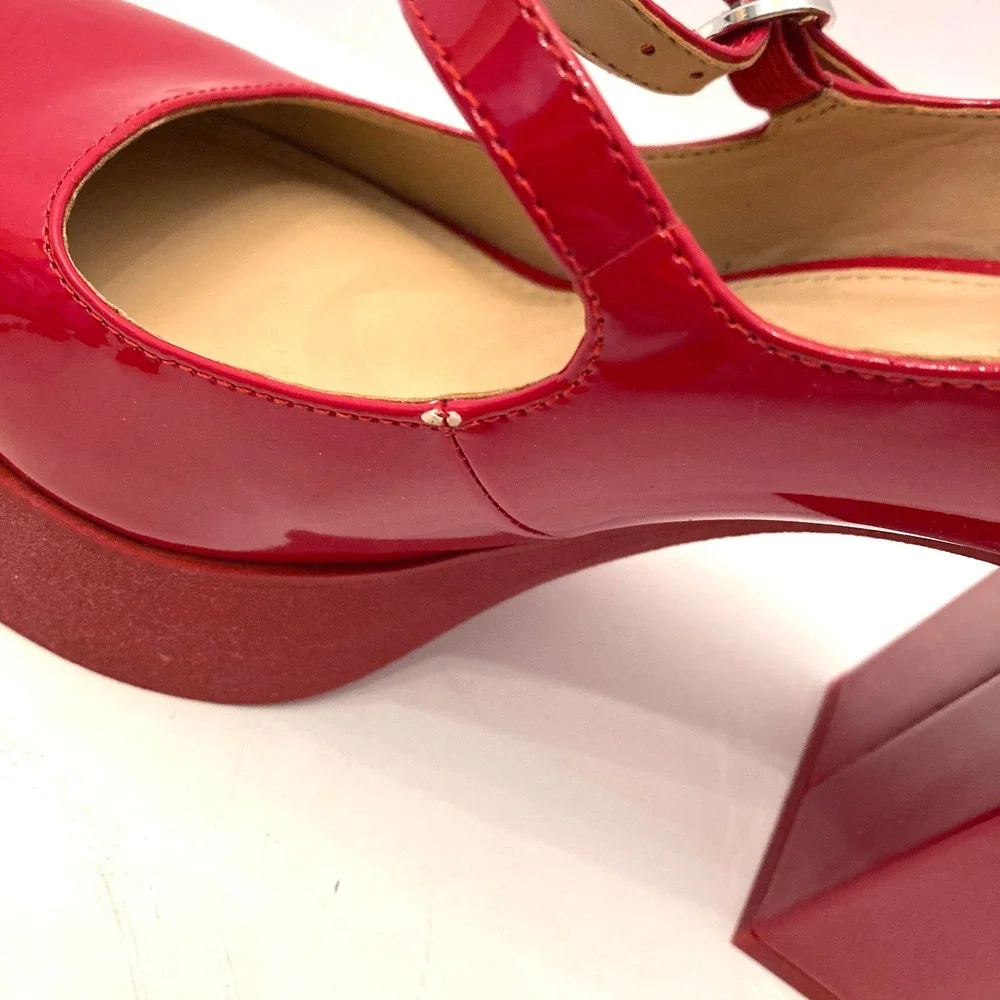 Steve Madden Quad Heels Red Patent Faux Leather Platform Womens 10 Straps Chunky